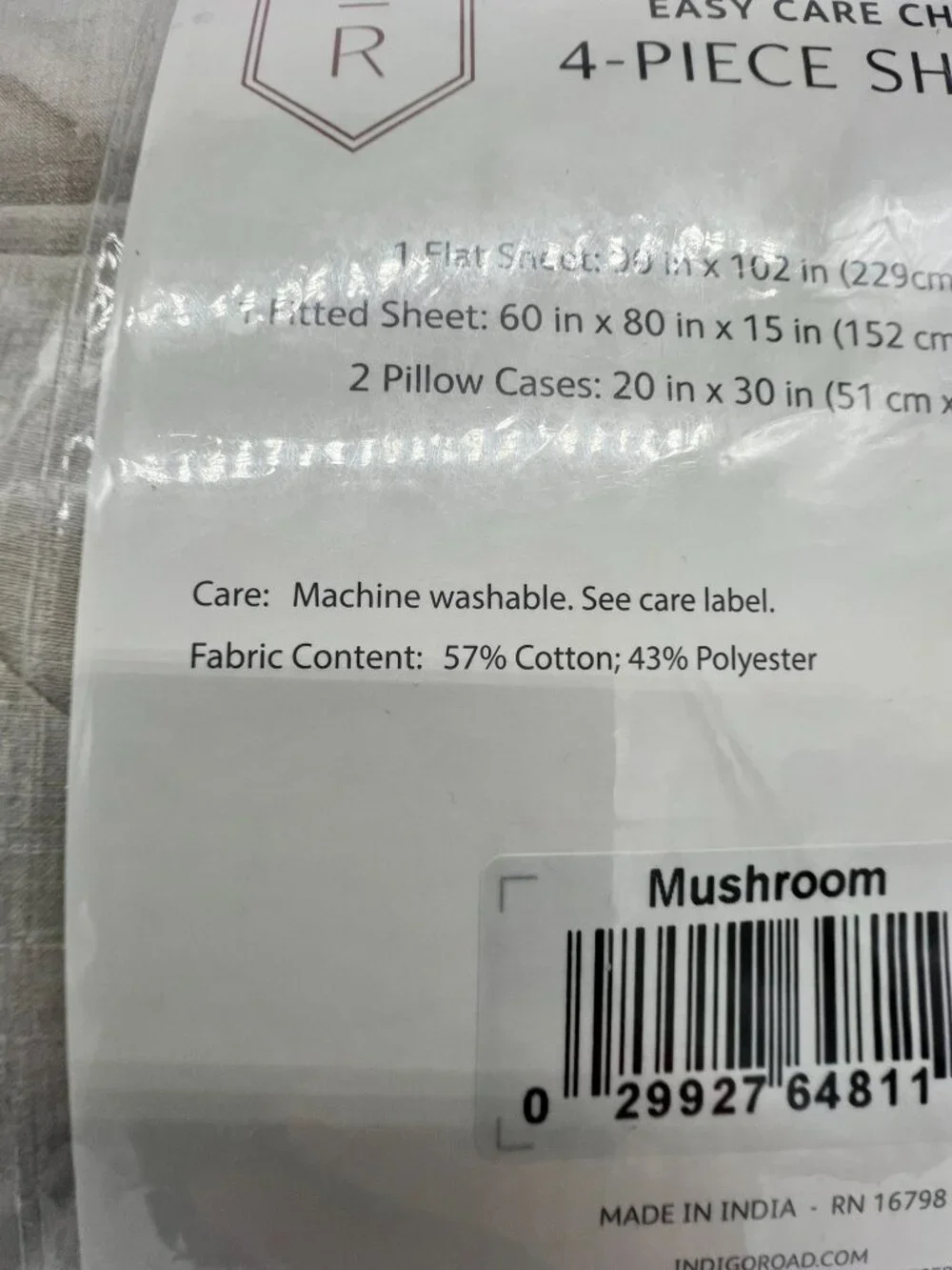 Indigo Road Chambray Mushroom 4-Piece Queen Sheet Set Easy Care Bedding